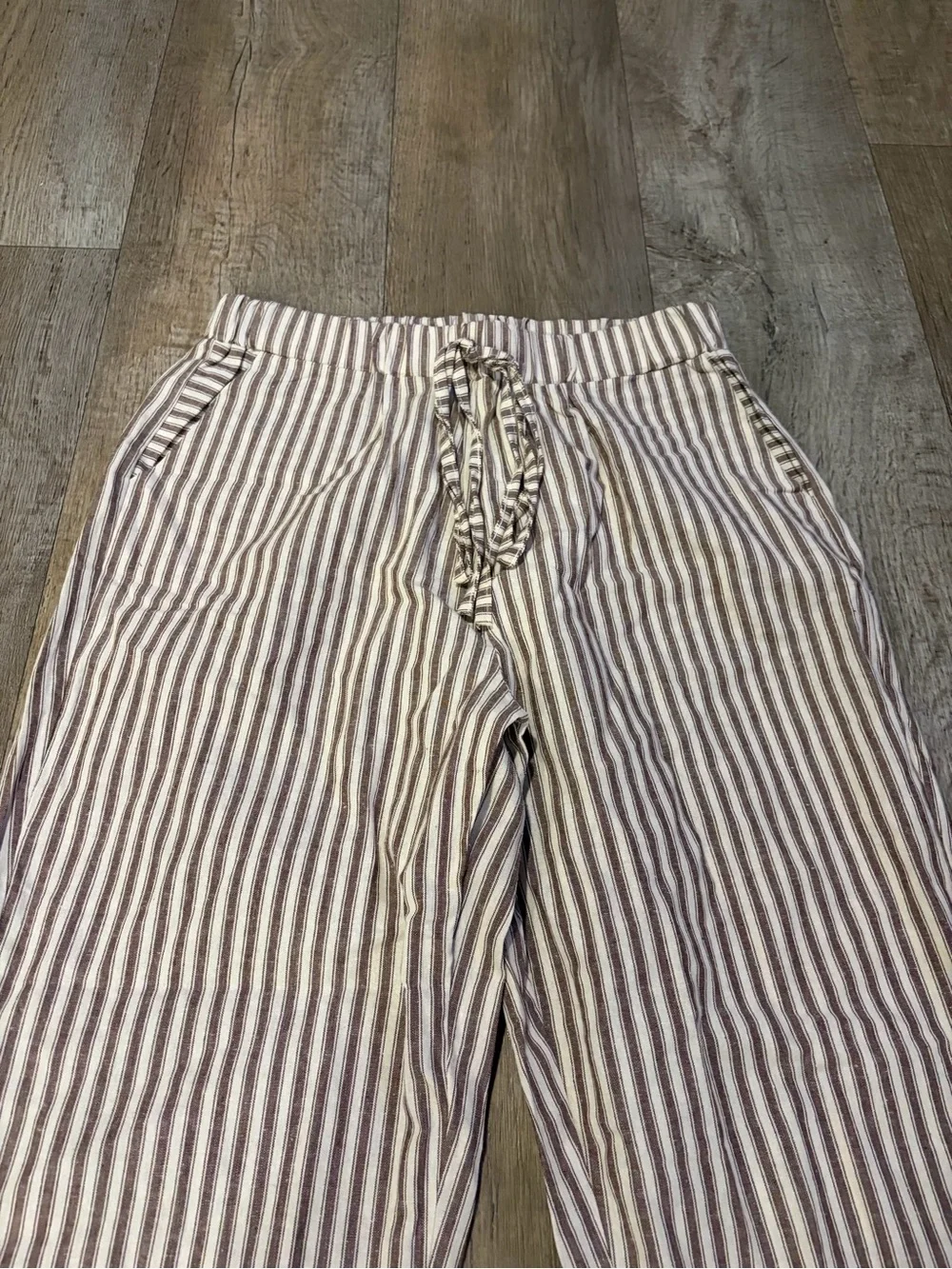 Striped Drawstring Women’s Pants - Beige & Brown. Size Small